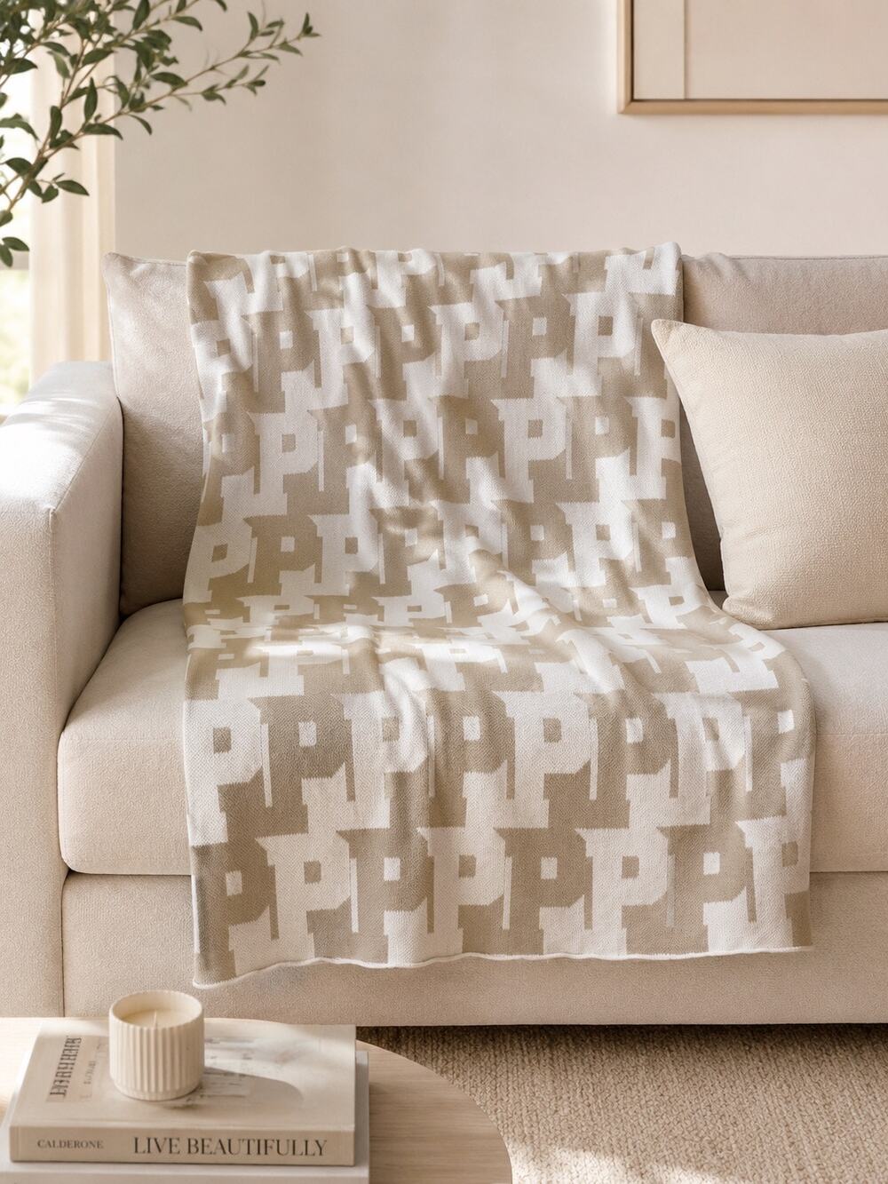 BaubleBar Checkered Throw Blanket Initial P Beige Tan Cozy Cottagecore